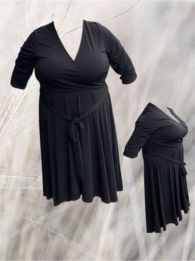 Avenue 18/20 Black Faux Wrap Midi Dress with Tie Waist